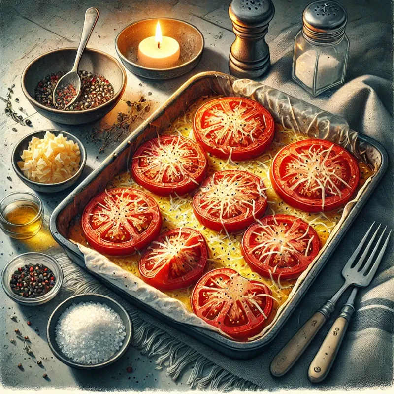 Gratinerede halve tomater - Illustration - kan være AI genereret og afvige fra opskriften