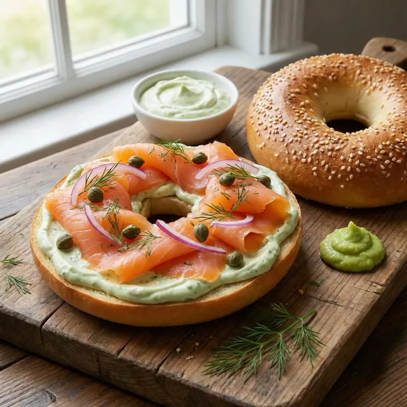 Bagels med røget laks og wasabi-cremefraiche - Illustration - kan være AI genereret og afvige fra opskriften