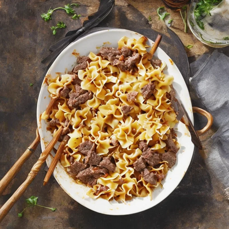 Ovnbagte nudler med oksekød - Illustration - kan være AI genereret og afvige fra opskriften