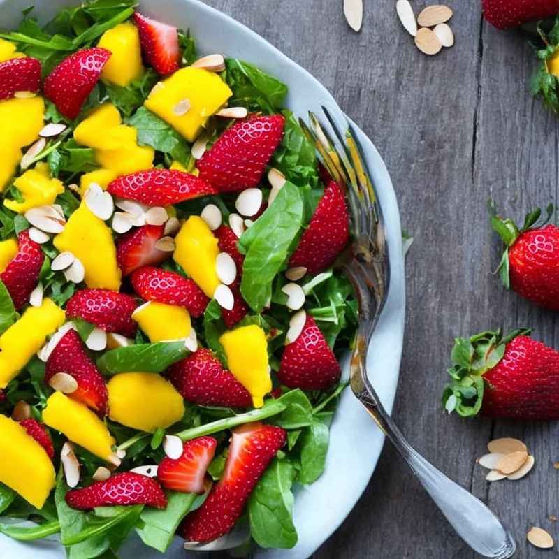 Jordbærsalat med mango og mandler - Illustration - kan være AI genereret og afvige fra opskriften