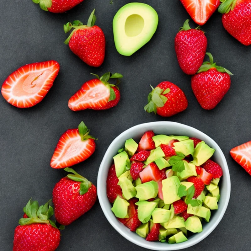 Salsa med avocado og jordbær - Illustration - kan være AI genereret og afvige fra opskriften