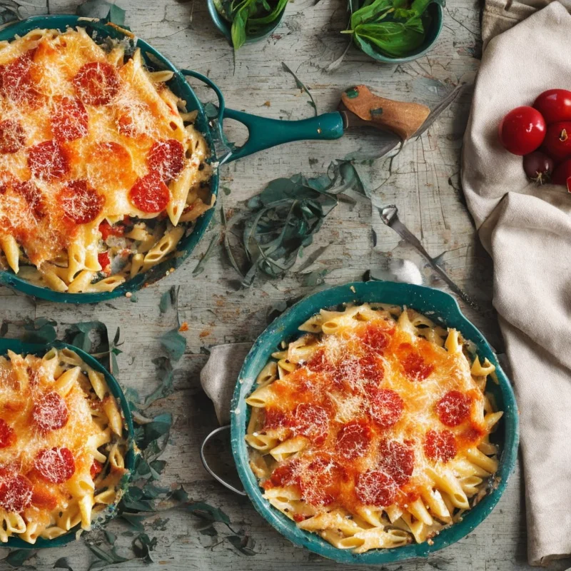 Pastagratin med spinat og pepperoni - Illustration - kan være AI genereret og afvige fra opskriften