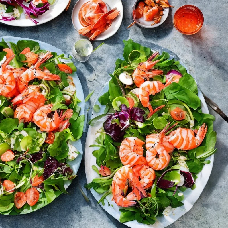 Salat med tigerrejer og laks - Illustration - kan være AI genereret og afvige fra opskriften