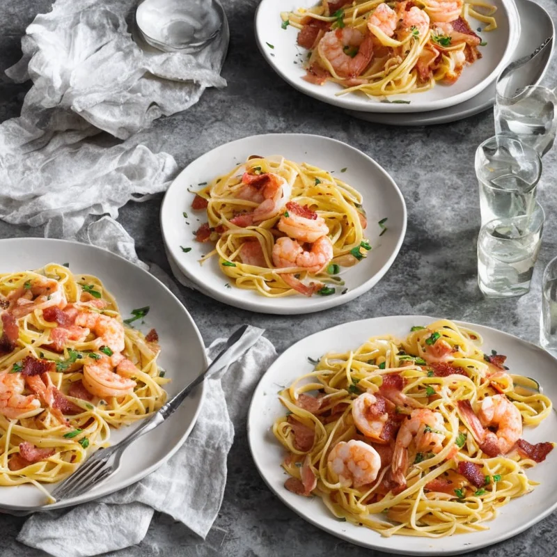 Pasta med store rejer og bacon - Illustration - kan være AI genereret og afvige fra opskriften