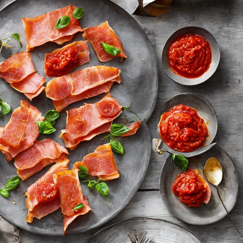 Sprød parmaskinke med tomatpasta - Illustration - kan være AI genereret og afvige fra opskriften