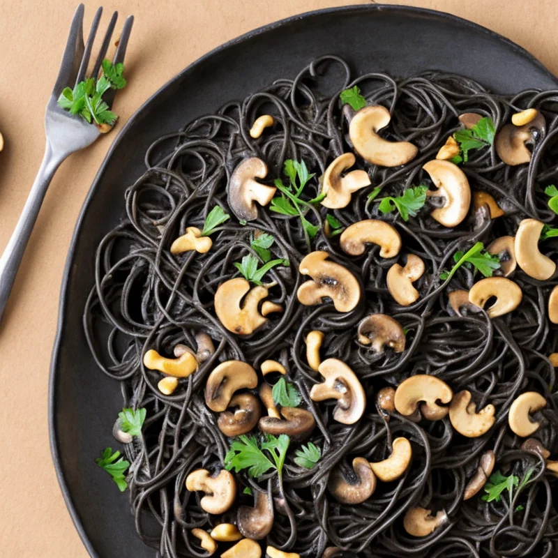 Sort pasta med svampe og cashewnødder - Illustration - kan være AI genereret og afvige fra opskriften