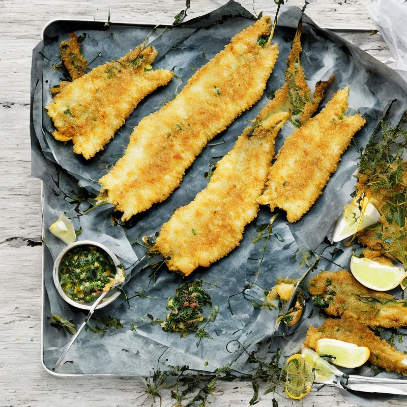 Stegte hornfisk med fyld af krydderurter - Illustration - kan være AI genereret og afvige fra opskriften
