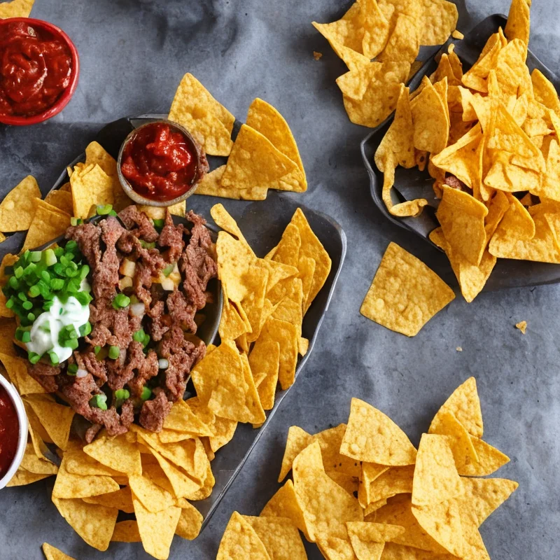 Nachochips/nachos med oksekød og cheddarost - Illustration - kan være AI genereret og afvige fra opskriften