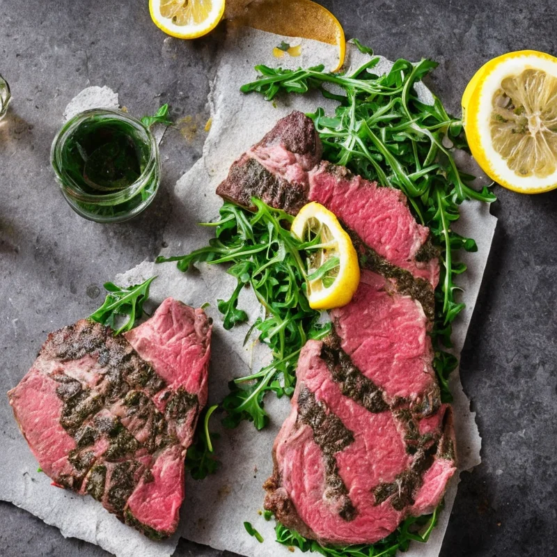 Entrecote med citron og rucola - Illustration - kan være AI genereret og afvige fra opskriften