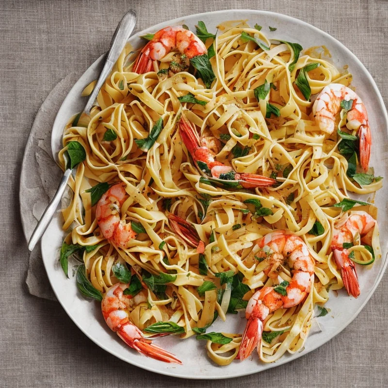 Marineret pasta med tigerrejer - Illustration - kan være AI genereret og afvige fra opskriften