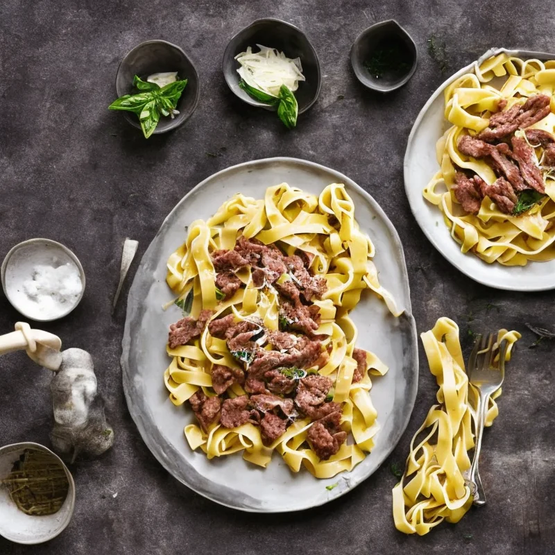 Tagliatelle med kødstrimler - Illustration - kan være AI genereret og afvige fra opskriften