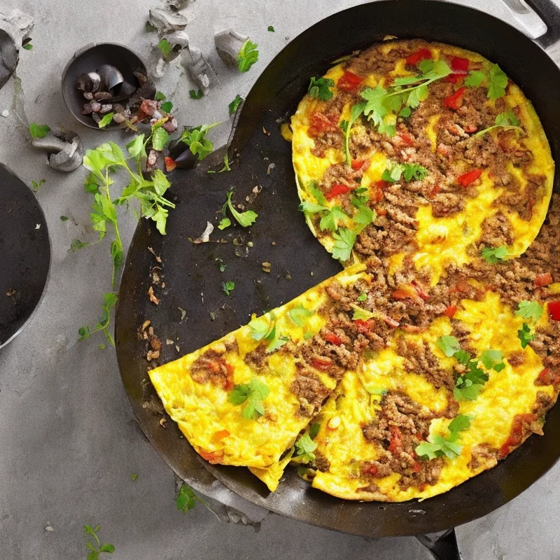 Omelet med hakket oksekød - Illustration - kan være AI genereret og afvige fra opskriften