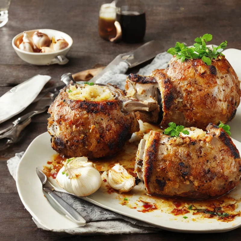 Fyldt svinebov med bagte hvidløg - Illustration - kan være AI genereret og afvige fra opskriften