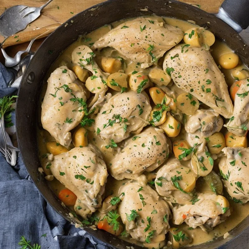 Hønsefrikasse - Illustration - kan være AI genereret og afvige fra opskriften