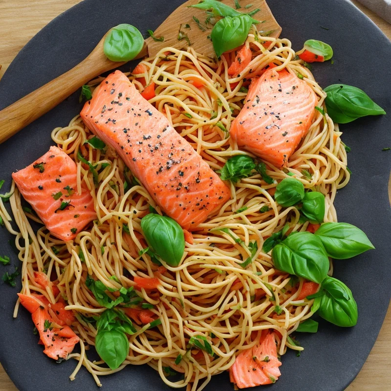 Marineret lakse spaghetti - Illustration - kan være AI genereret og afvige fra opskriften