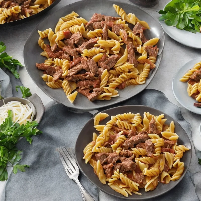Pasta med oksekød i strimler - Illustration - kan være AI genereret og afvige fra opskriften