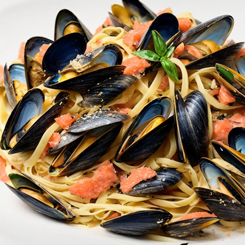Linguine med muslinger og laks - Illustration - kan være AI genereret og afvige fra opskriften
