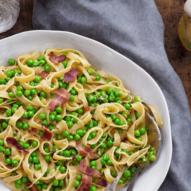Pasta med bacon og grønærter - Illustration - kan være AI genereret og afvige fra opskriften