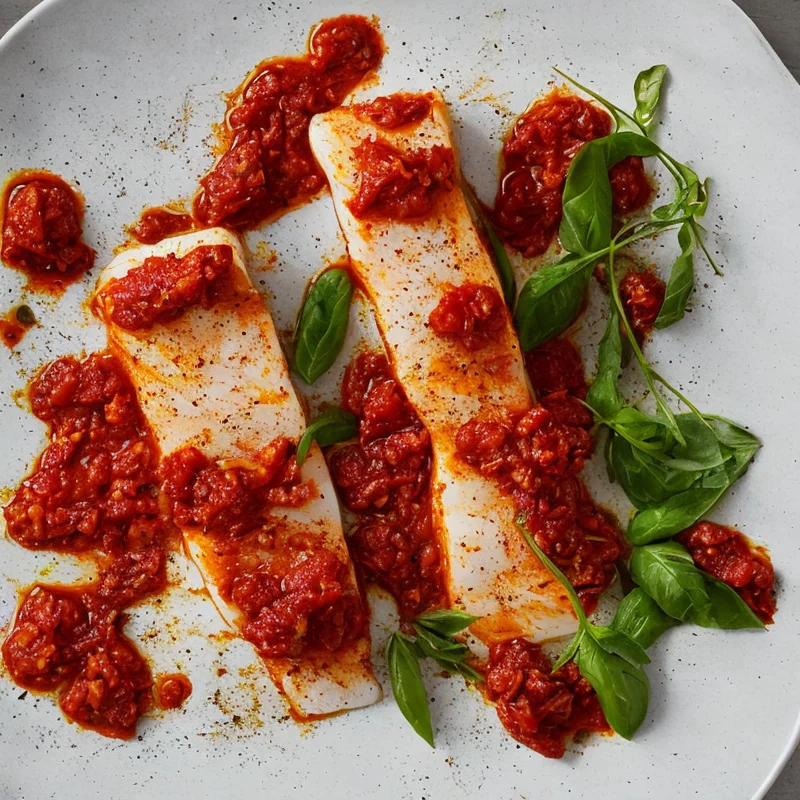 Røget hellefisk med tomatpasta - Illustration - kan være AI genereret og afvige fra opskriften