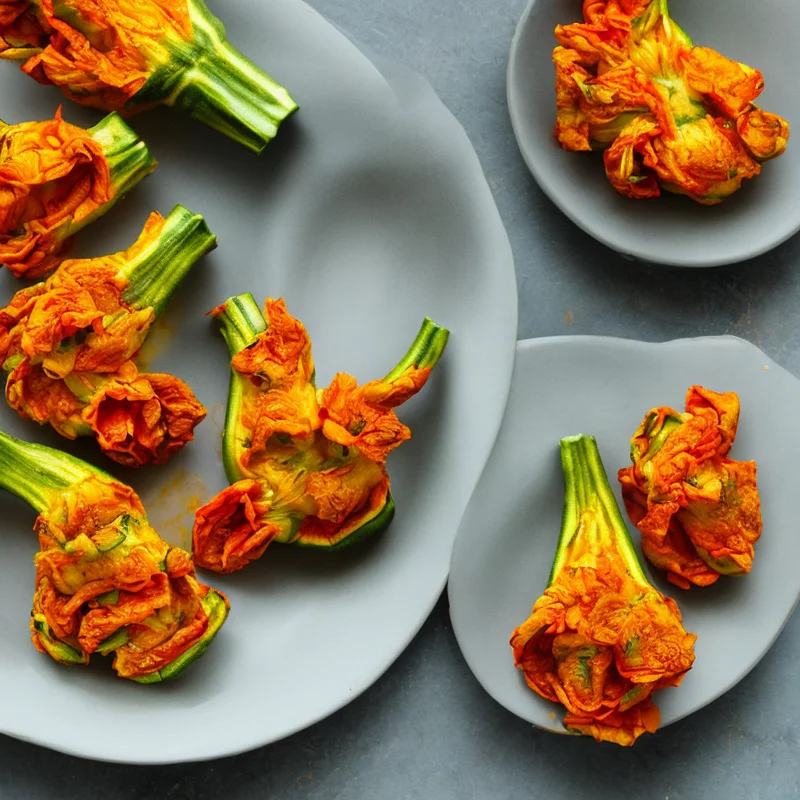 Fyldte courgetteblomster i tomatsauce - Illustration - kan være AI genereret og afvige fra opskriften