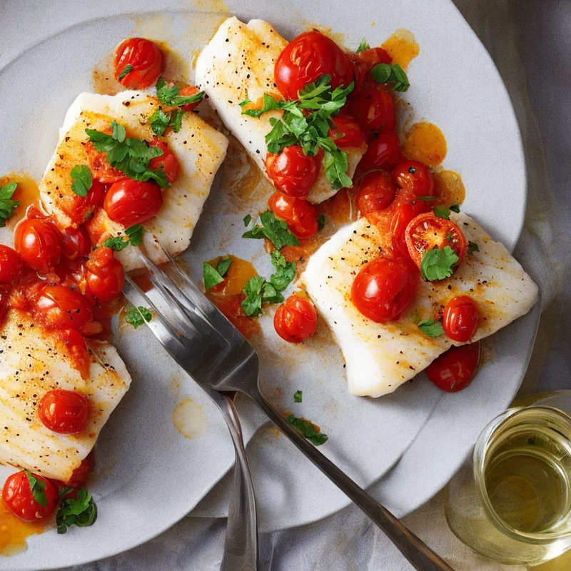 Hellefisk med tomat og hvidløg - Illustration - kan være AI genereret og afvige fra opskriften
