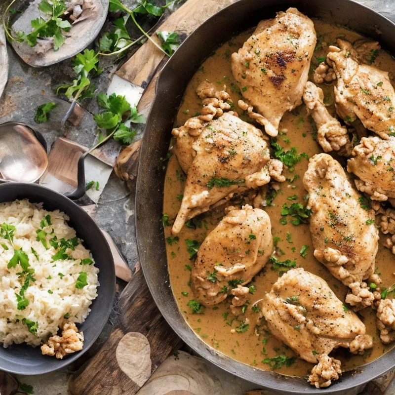 Kylling i valnøddesauce - Illustration - kan være AI genereret og afvige fra opskriften