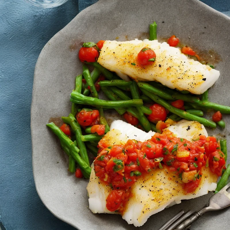 Torskefileter på tomatbund - Illustration - kan være AI genereret og afvige fra opskriften