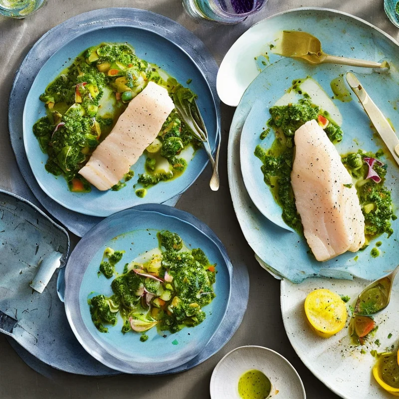 Hvidvinspocheret fiskefilet med pistou - Illustration - kan være AI genereret og afvige fra opskriften