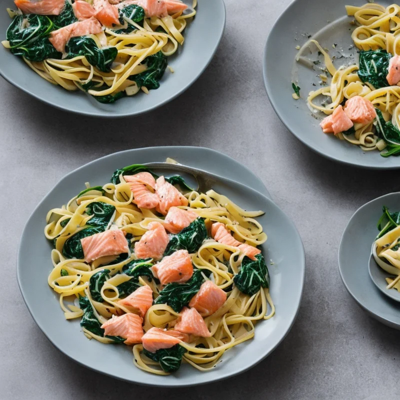 Pasta med laks og spinat - Illustration - kan være AI genereret og afvige fra opskriften