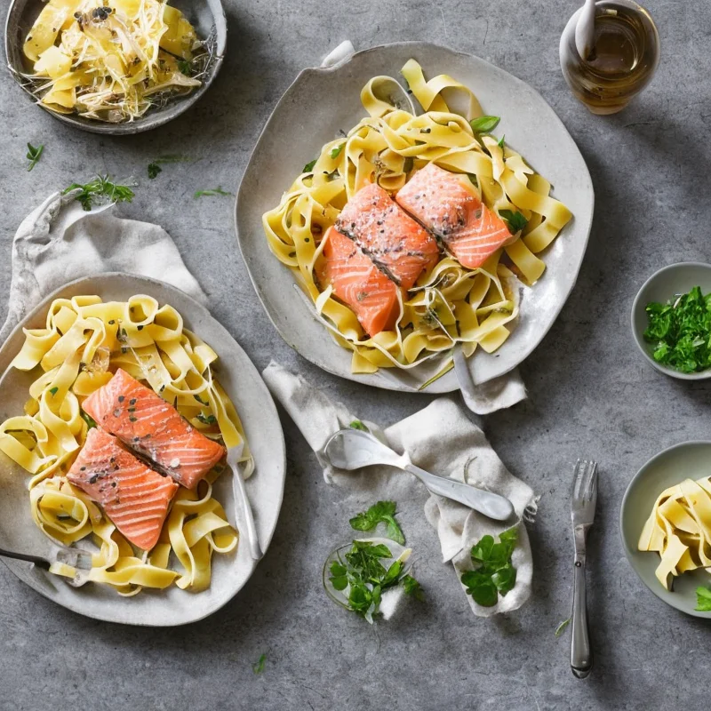 Tagliatelle med laks - Illustration - kan være AI genereret og afvige fra opskriften