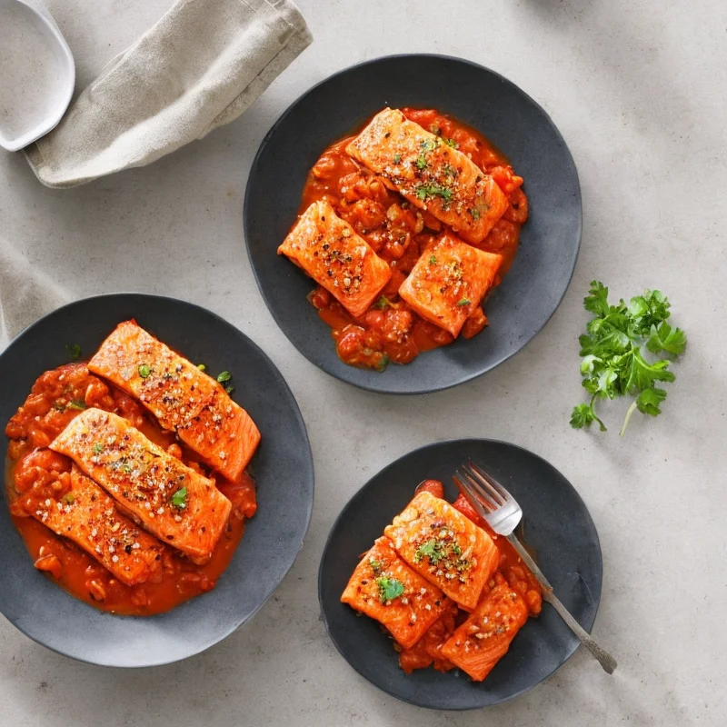 Krydret laks i tomatsauce - Illustration - kan være AI genereret og afvige fra opskriften