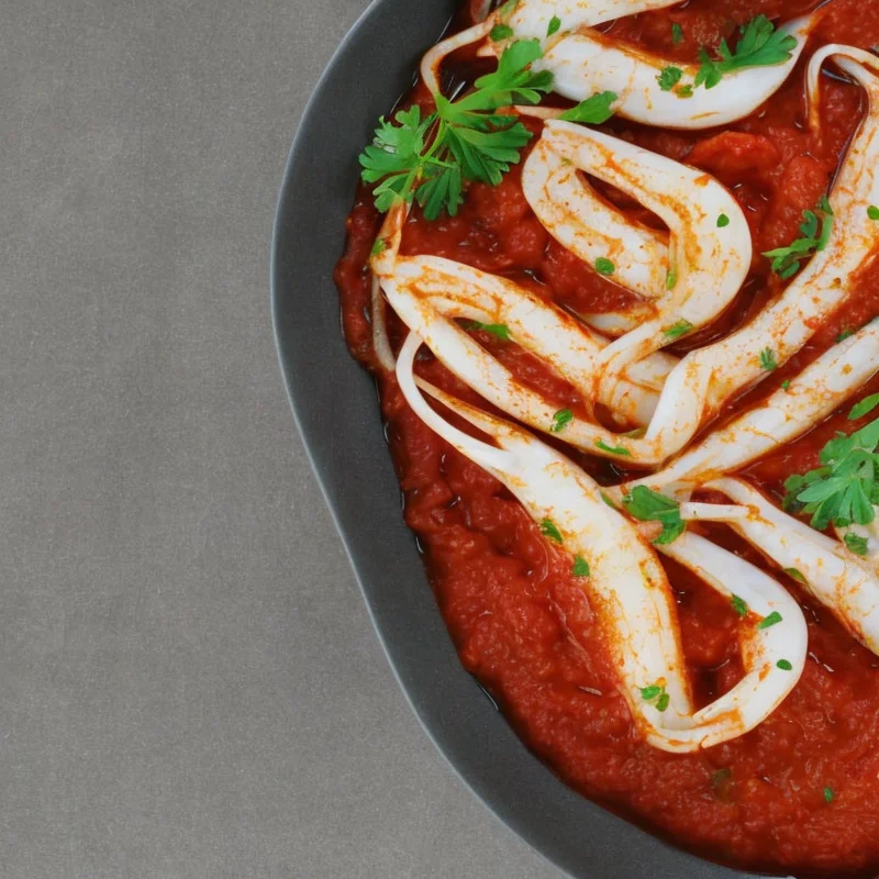 Blæksprutter med tomatsauce - Illustration - kan være AI genereret og afvige fra opskriften