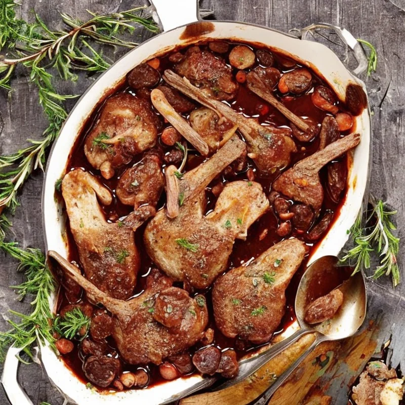 Kanin i rødvin - Illustration - kan være AI genereret og afvige fra opskriften