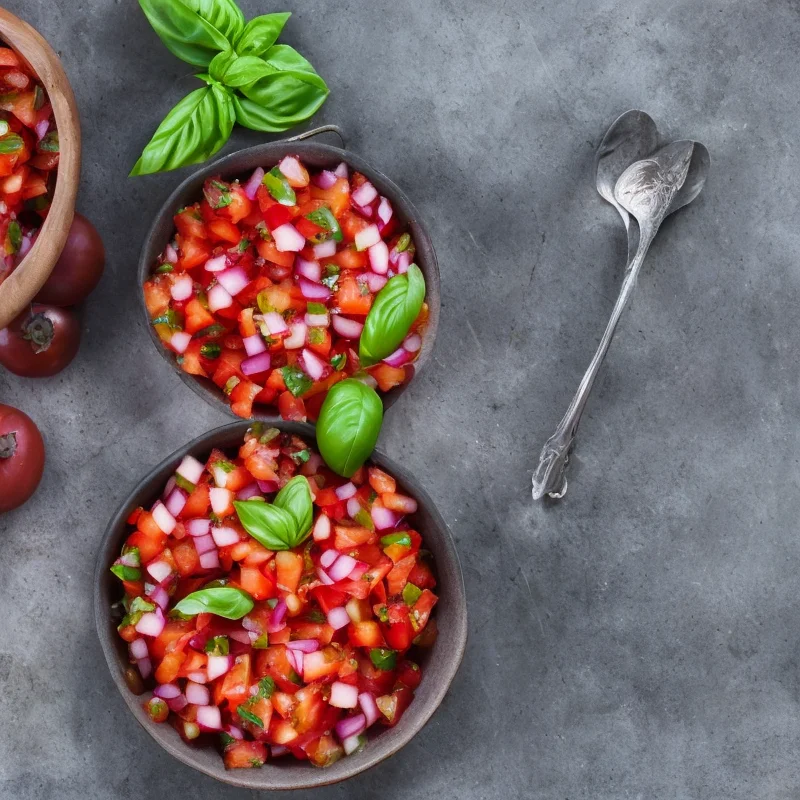 Tomatsalsa med rødløg og basilikum - Illustration - kan være AI genereret og afvige fra opskriften