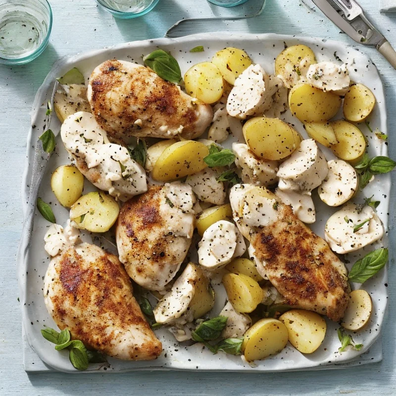 Mozzarellakylling med kartoffelsalat - Illustration - kan være AI genereret og afvige fra opskriften