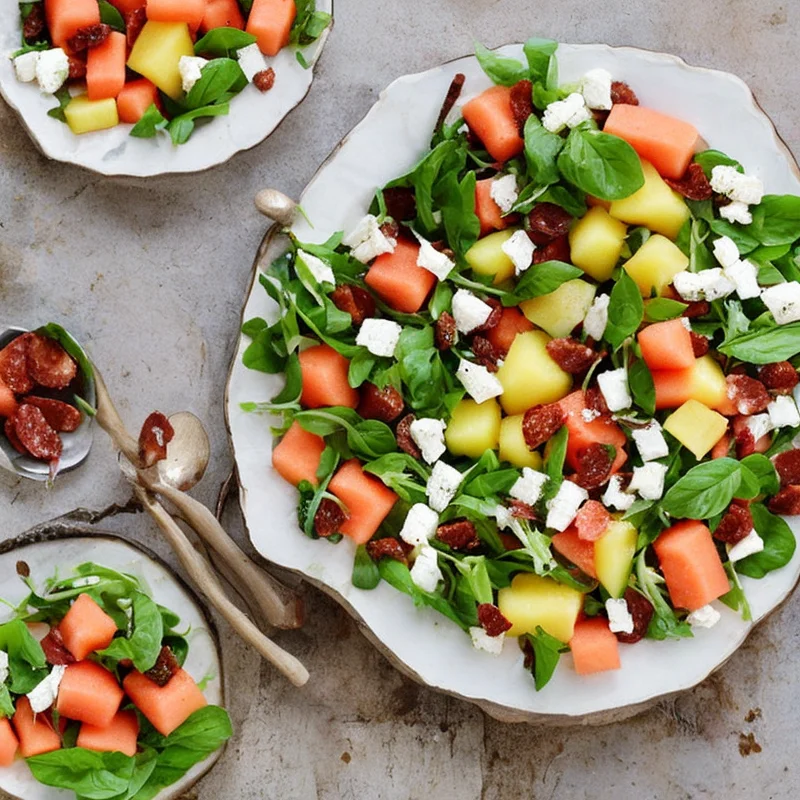 Melonsalat med feta og chorizo - Illustration - kan være AI genereret og afvige fra opskriften