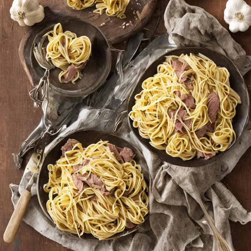 Pasta med hvidløg og roastbeef - Illustration - kan være AI genereret og afvige fra opskriften