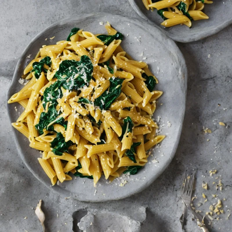Pasta med spinat og karry - Illustration - kan være AI genereret og afvige fra opskriften