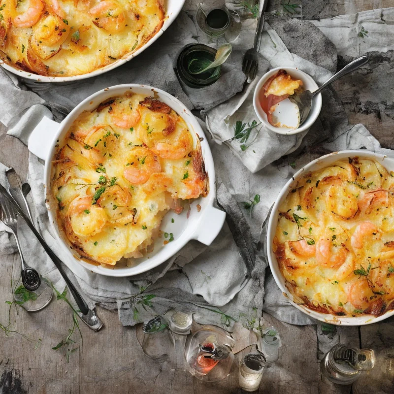 Kartoffelgratin med laks og rejer - Illustration - kan være AI genereret og afvige fra opskriften