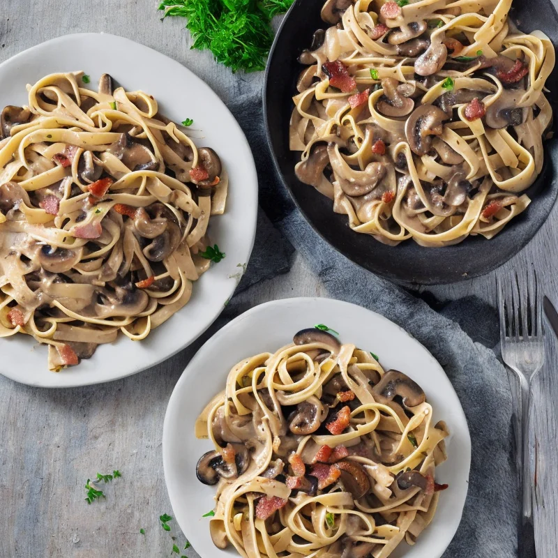 Pasta med champignonsauce og bacon - Illustration - kan være AI genereret og afvige fra opskriften