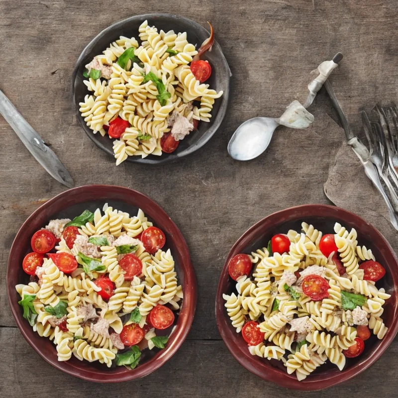 Pastasalat med tomat og tun - Illustration - kan være AI genereret og afvige fra opskriften