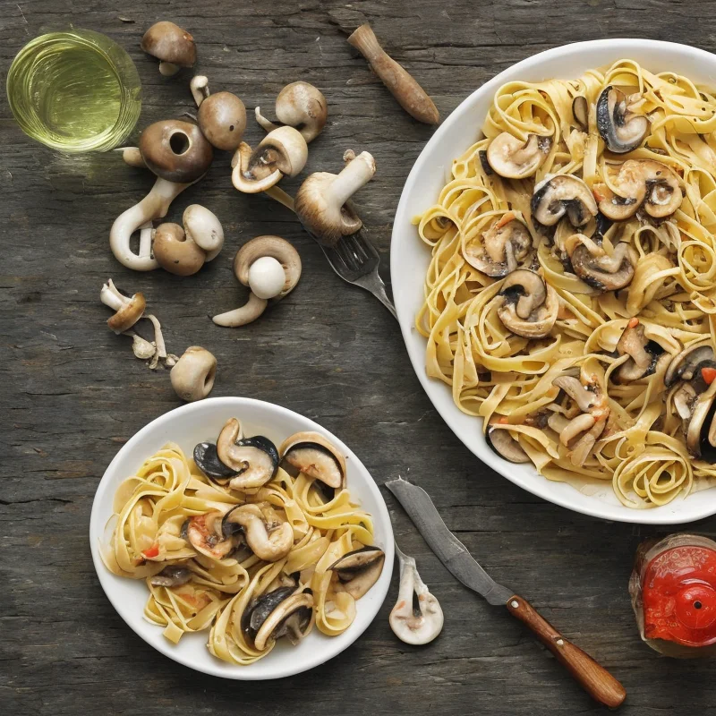 Pasta med skaldyr og champignoner - Illustration - kan være AI genereret og afvige fra opskriften