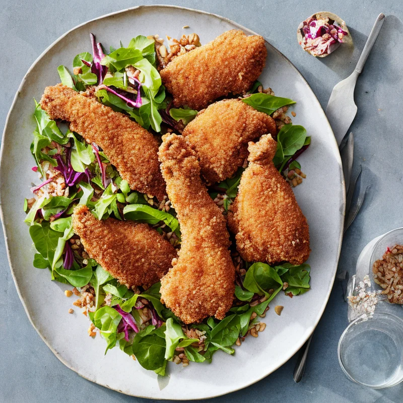 Sprødstegt kylling med rabarber-speltsalat - Illustration - kan være AI genereret og afvige fra opskriften