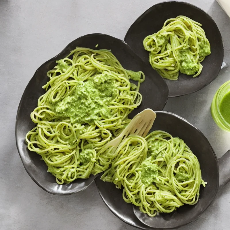 Pasta med grøn sauce og kylling - Illustration - kan være AI genereret og afvige fra opskriften