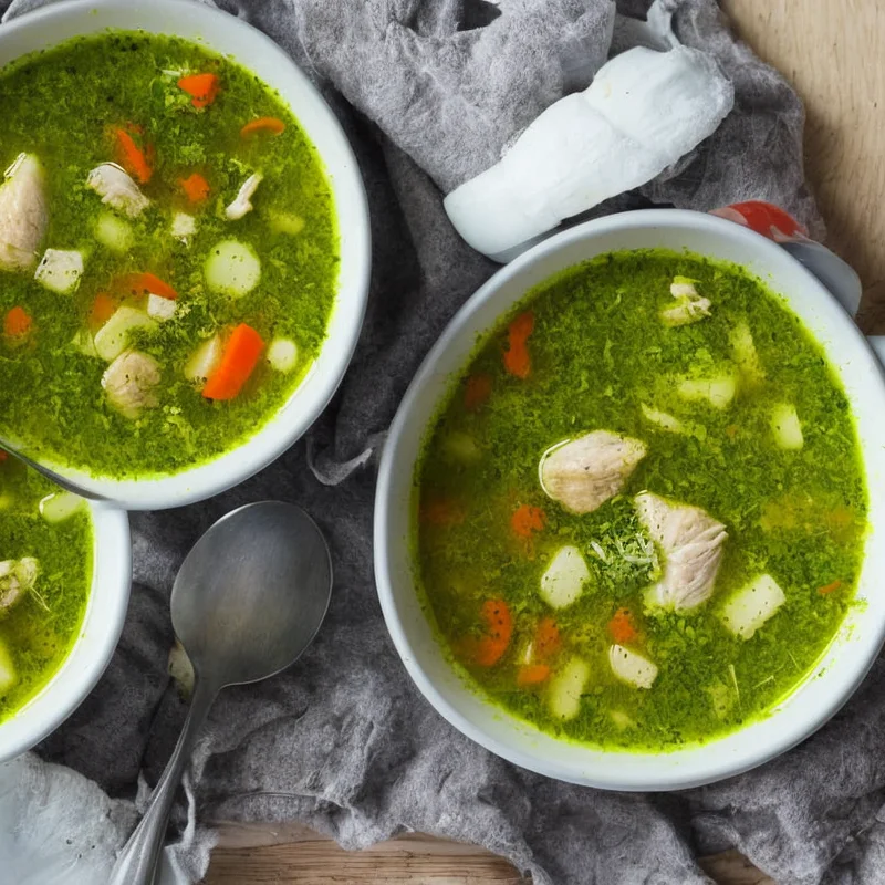 Hønsekødssuppe med pesto - Illustration - kan være AI genereret og afvige fra opskriften