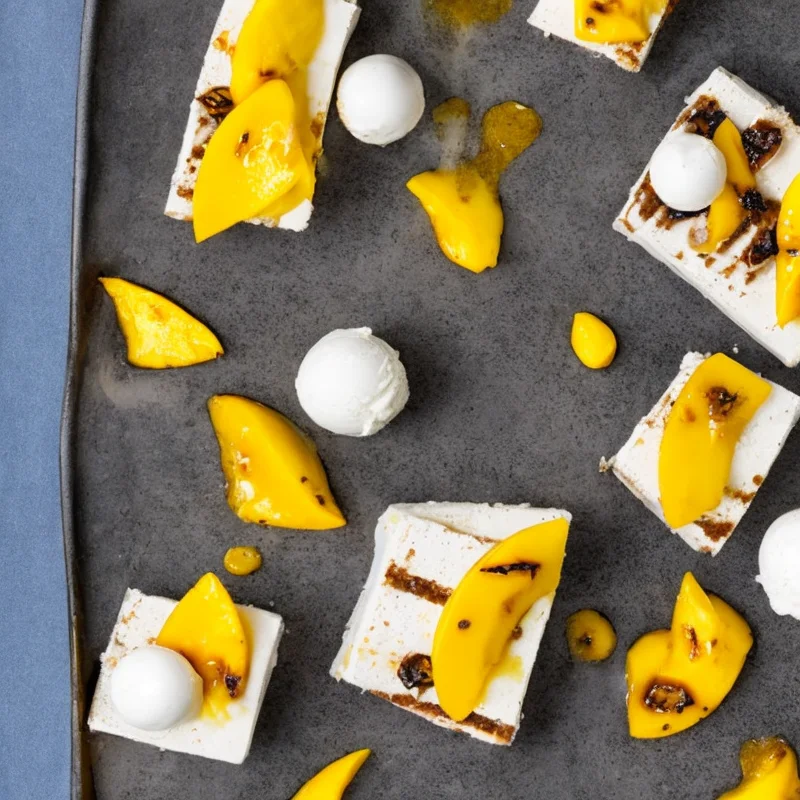 Hvid brownie med grillet mango, passionsfrugt og is - Illustration - kan være AI genereret og afvige fra opskriften