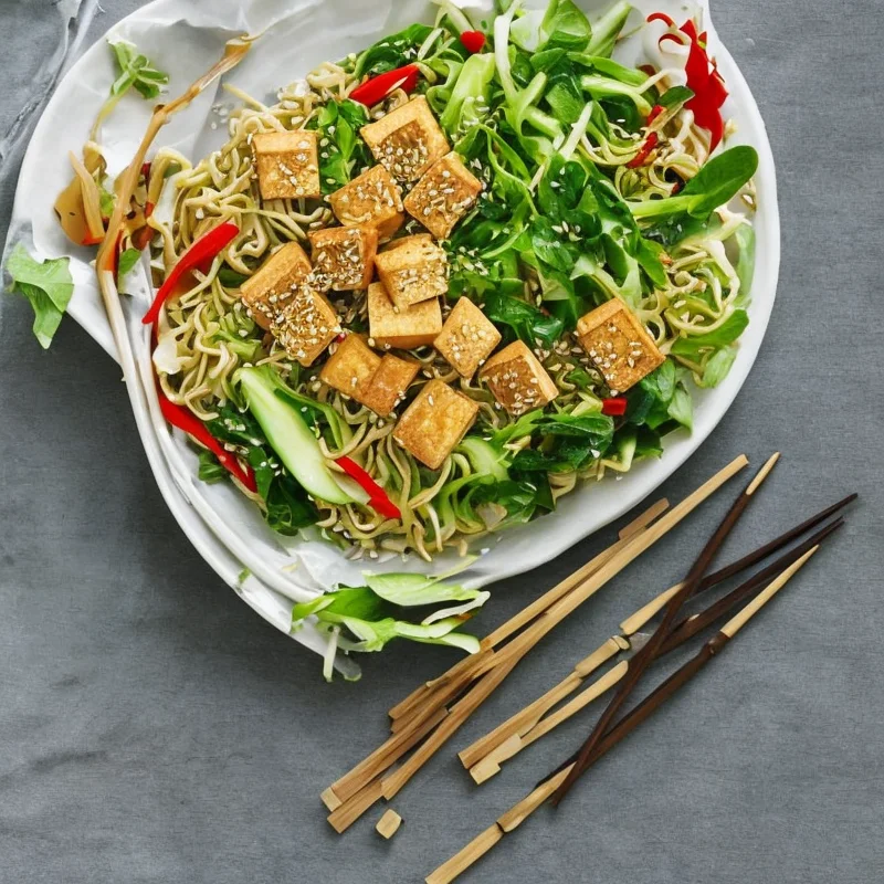 Salat med nudler, friteret tofu og sesamdressing - Illustration - kan være AI genereret og afvige fra opskriften