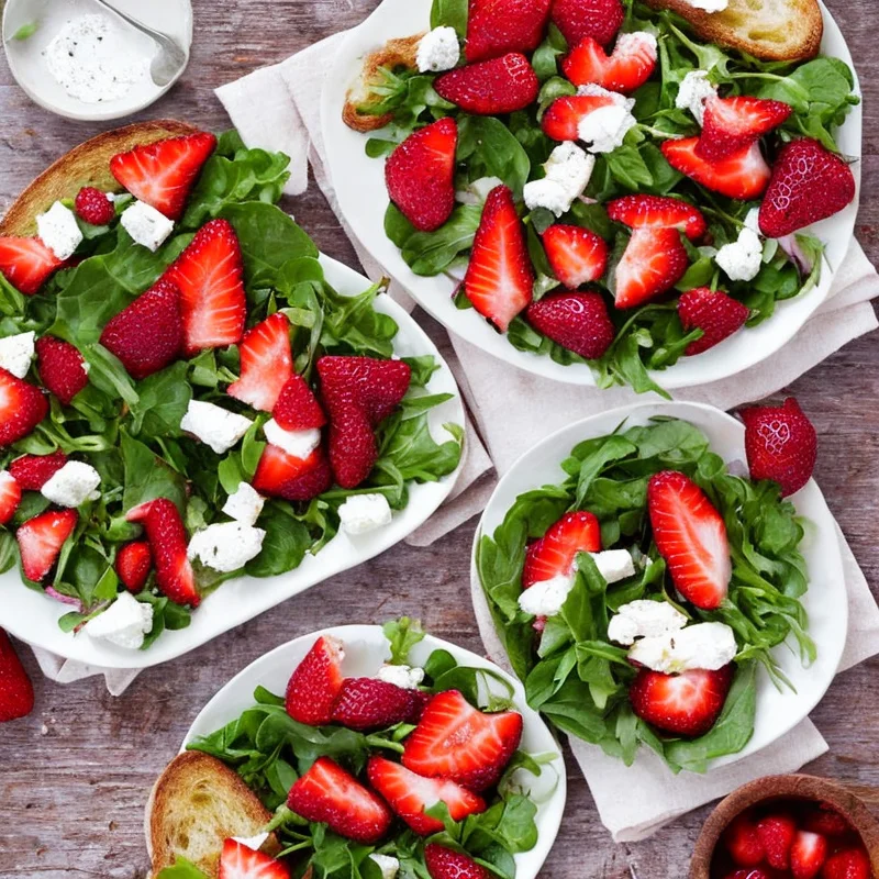 Gedeosttoast og jordbæsalat - Illustration - kan være AI genereret og afvige fra opskriften