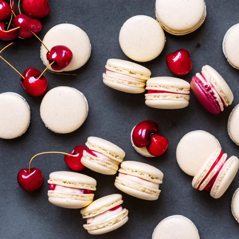 Vaniljemacarons med kirsebær - Illustration - kan være AI genereret og afvige fra opskriften