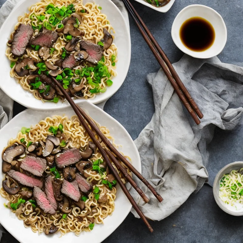 Ramen nudler med steak og svampe - Illustration - kan være AI genereret og afvige fra opskriften